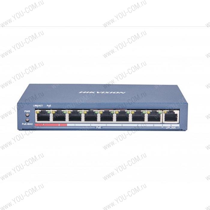 Неуправляемый PoE-коммутатор Hikvision DS-3E0109P-E(C) 9 RJ45 100M PoE с грозозащитой 6кВ, 2 порт с высоким приоритетом; 1 Uplink порт 100М Ethernet; бюджет PoE 115Вт; поддержка режима передачи до 250м,10Мб/с, CAT5e;таблица MAC а