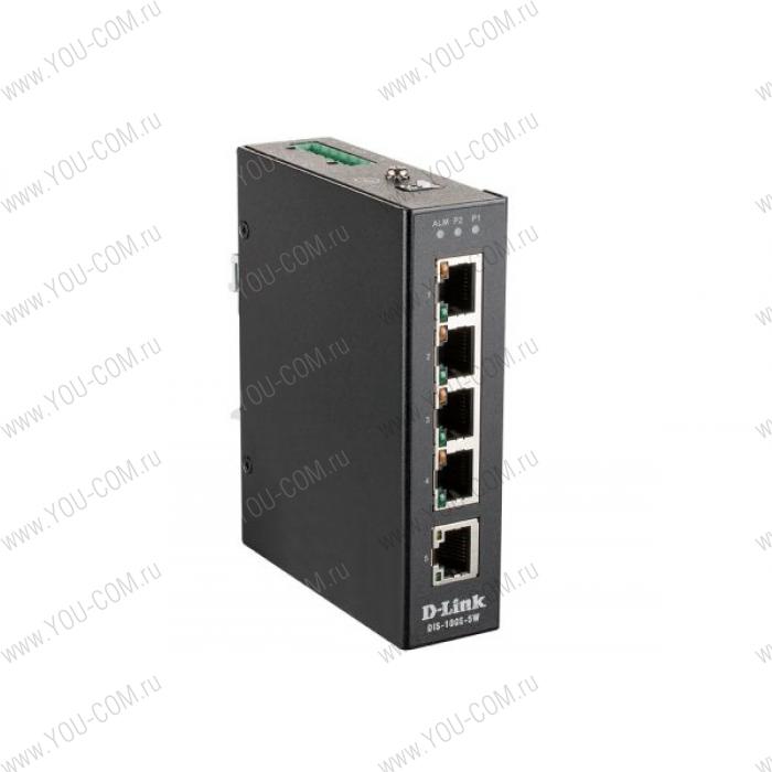 D-Link DIS-100E-5W/A1A, L2 Unmanaged Industrial Switch with 5 10/100Base-TX ports.1K Mac address, 802.3x Flow Control, Stand-alone, Auto MDI/MDI-X for each port, D-link Green technology, Metal case,
