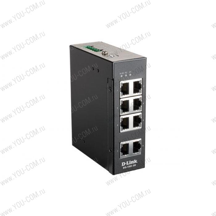 D-Link DIS-100E-8W/A1A, L2 Unmanaged Industrial Switch with 8 10/100Base-TX ports.1K Mac address, 802.3x Flow Control, Stand-alone, Auto MDI/MDI-X for each port, D-link Green technology, Metal case,