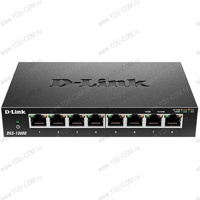 D-Link DGS-1008D/J3B, L2 Unmanaged Switch with 8 10/100/1000Base-T ports.8K Mac address, Auto-sensing, 802.3x Flow Control, Stand-alone, Auto MDI/MDI-X for each port,  802.1p QoS, D-link Green techno