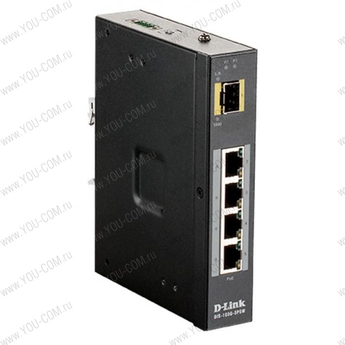 D-Link DIS-100G-5PSW/A1A, L2 Unmanaged Industrial Switch with 4 10/100/1000Base-T ports and 1 1000Base-X SFP ports (4 PoE ports 802.3af/802.3at (30 W), PoE Budget 120 W)2K Mac address, Jumbo Frame 9K