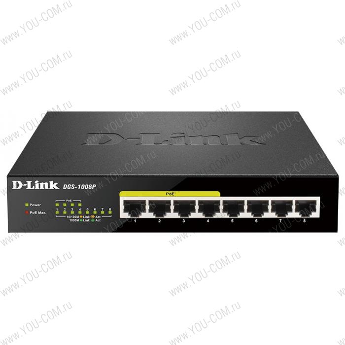 Коммутатор D-Link DGS-1008P/E1A, L2 Unmanaged Switch with 8 10/100/1000Base-T ports (4 PoE ports 802.3af/802.3at (30 W), PoE Budget 68).8K Mac address, Auto-sensing, 802.3x Flow Control, Stand-alone, Auto MDI/