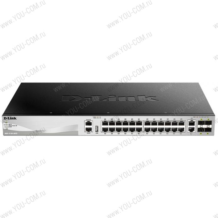 D-Link DGS-3130-30TS/A2A, PROJ L2+ Managed Switch with 24 10/100/1000Base-T ports and 2 10GBase-T ports and 4 10GBase-X SFP+ ports.16K Mac address, SIM,  USB port, IPv6, SSL v3, 802.1Q VLAN,GVRP, 802