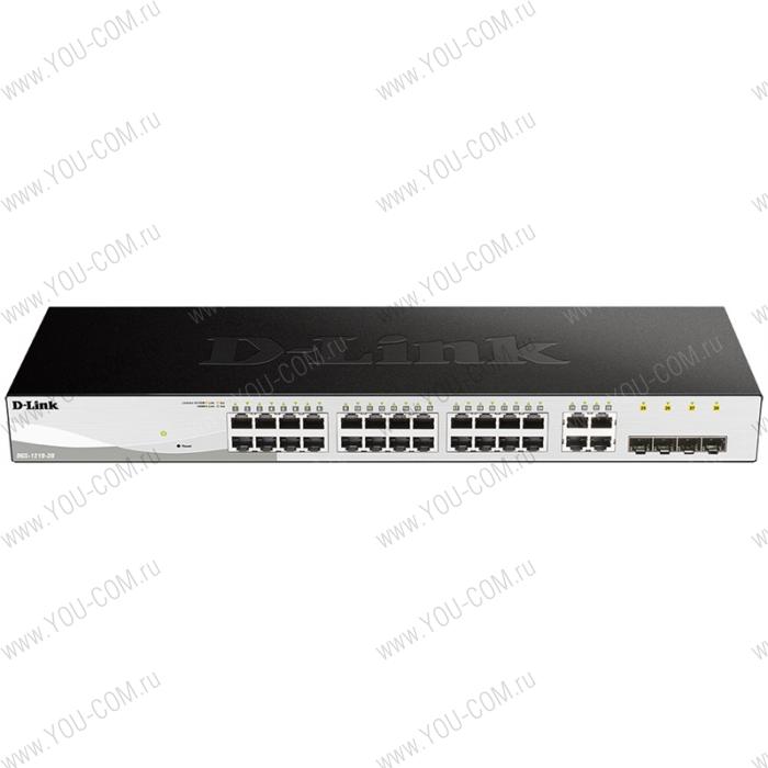 Коммутатор D-Link DGS-1210-28/F2A, L2 Smart Switch with 24 10/100/1000Base-T ports and 4 1000Base-T/SFP combo-ports.8K Mac address, 802.3x Flow Control, 256 of 802.1Q VLAN, VID range 1-4094, 4 IP Interface, 8
