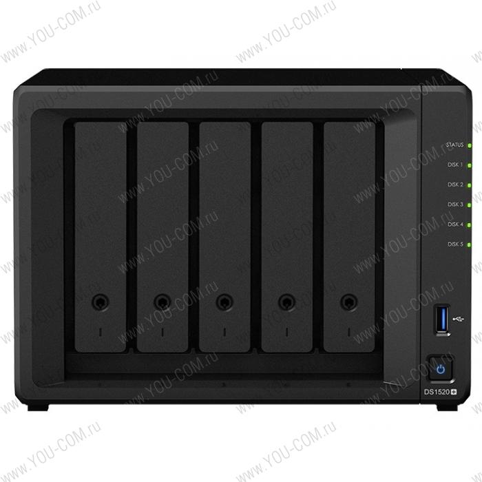 СХД Synology DS1520+ QC2,0GhzCPU/8GbDDR4/RAID0,1,10,5,5+spare,6/upto 5hot plug HDD SATA(3,5' or 2,5')(upto15 with 2xDX517)/2xUSB3.0/2eSATA/4GigE/iSCSI/2xIPcam(upto40)/1xPS/3YW