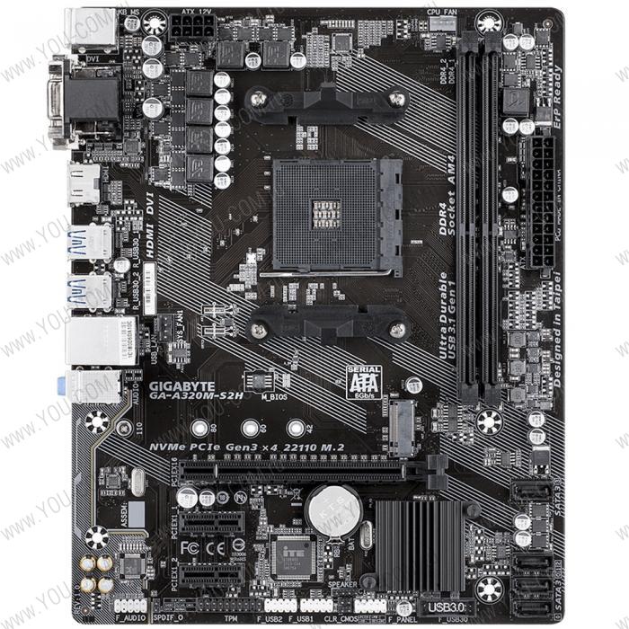 GA-A320M-S2H, Socket AM4, AMD A320, 2xDDR4-2400, D-SUB+DVI-D+HDMI, 1xPCI-Ex16, 2xPCI-Ex1, 4xSATA3(RAID 0/1/10), 1xM.2, 8 Ch Audio, GLan, (2+4)xUSB2.0, (4+2)xUSB3.1, 2xPS/2, mATX, OEM