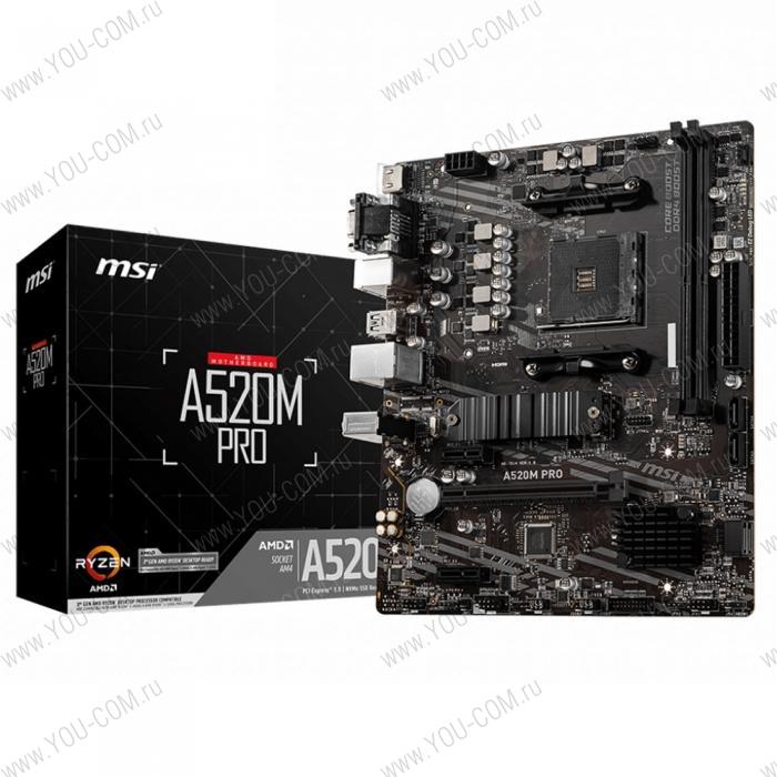 A520M PRO ,Socket AM4, AMD® A520, 2xDDR4-4600, HDMI+DP+VGA, 1xPCI-Ex16x, 2xPCI-Ex1x, 4xSATA3(RAID 0/1/10), 1xM.2, 8 Ch Audio, GLan, (2+4)xUSB2.0, (4+2)xUSB3.2, 1xPS/2, mATX, RTL {20}