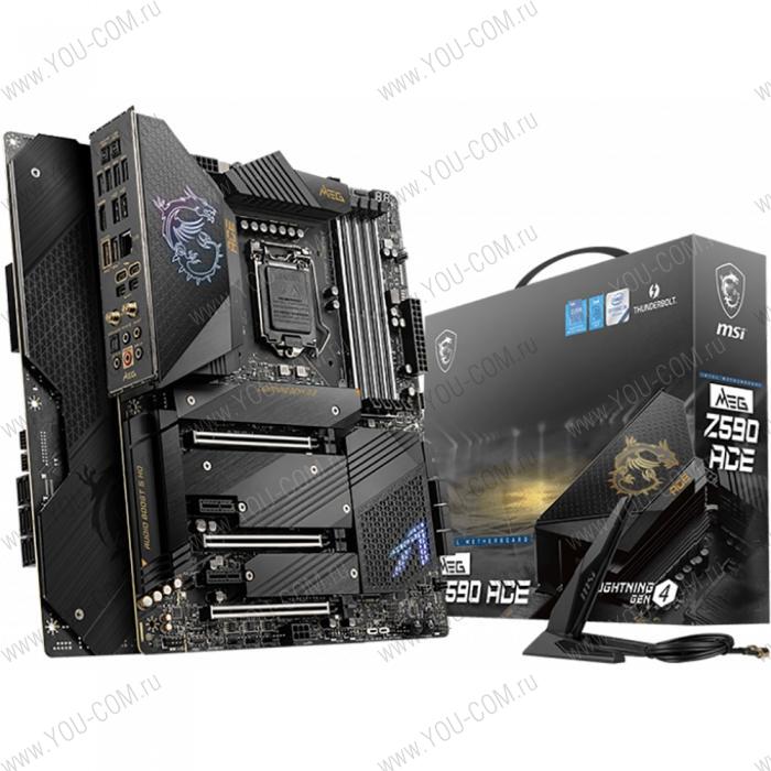 MEG Z590 ACE ATX, Socket 1200, Intel®Z590, 4xDDR4-2933, HDMI, 3xPCI-Ex16, 2xPCI-Ex1, 6xSATA3(RAID 0/1/5/10), 4xM.2, 8 Ch Audio, 1x2.5GLan, Wi-Fi 6E AX210, BT 5.2, (2+4)xUSB2.0, (4+2)xUSB3.2, (2+1)xUSB3.2 Type-C™ {5}(800499)