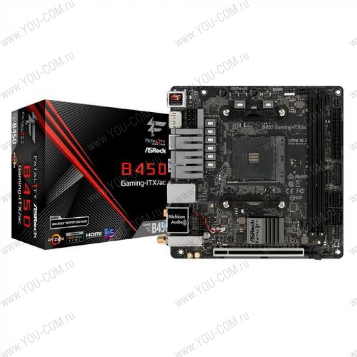 B450 GAMING-ITX/AC, Socket AM4, AMD B450, 2xDDR4-2667, HDMI+DP, 1xPCI-Ex16, 4xSATA3(RAID 0/1/10), 1xM.2, 8 Ch Audio, GLan, WiFi 802.11ac, (2+2)xUSB2.0, (3+2)xUSB3.1, 1xUSB3.1 Type-C™, 1xPS/2, Mini-ITX, RTL, {10}