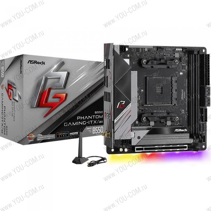 B550 PHANTOM GAMING-ITX/AX, Socket AM4, AMD B550, 2xDDR4-3200, HDMI+DP, 1xPCI-Ex16, 4xSATA3(RAID 0/1/10), 2xM.2, 8 Ch Audio, 1x2.5GLan, WiFi, (0+2)xUSB2.0, (5+2)xUSB3.2, (1+1)xUSB3.2 Type-C™, 1xPS/2, Mini-ITX, RTL {10} (931611)