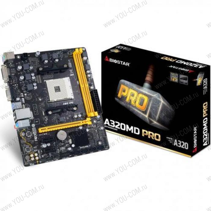 A320MD Pro, Socket AM4, AMD A320, 2xDDR4-2667, DVI-D, 1xPCI-Ex16, 2xPCI-Ex1, 4xSATA3(RAID 0/1/10), 8 Ch Audio, GLan, (2+4)xUSB2.0, (2+2)xUSB3.1, 2xPS/2, mATX, RTL, {20}