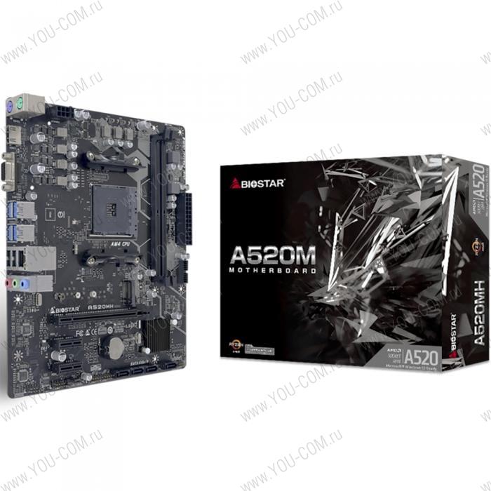 A520MH, Socket AM4, AMD A520, 2xDDR4-2933, D-SUB+HDMI, 1xPCI-Ex16, 2xPCI-Ex1, 4xSATA3(RAID 0/1/10), 1xM.2, 8 Ch Audio, GLan, (4+2)xUSB2.0, (2+4)xUSB3.2, 2xPS/2, mATX, RTL, {}