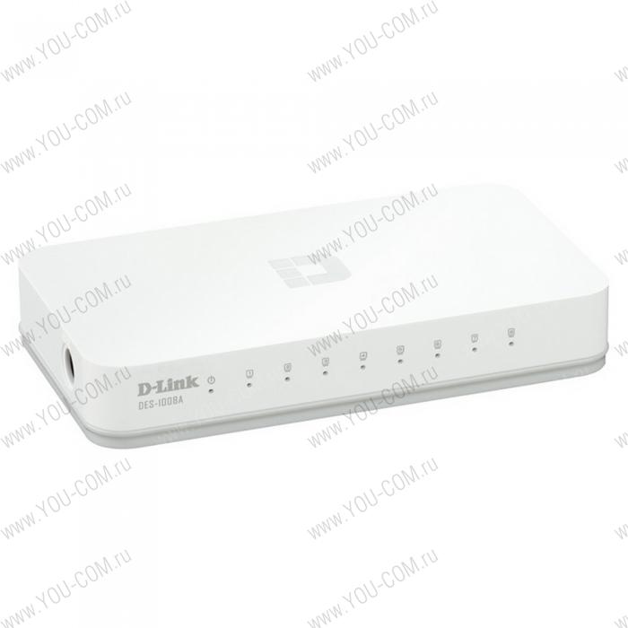 Коммутатор D-Link DGS-1008A/E1A, L2 Unmanaged Switch with 8 10/100/1000Base-T ports.8K Mac address,Auto-sensing, 802.3x Flow Control, Stand-alone, Auto MDI/MDI-X for each port, Plastic case.Manual + External P