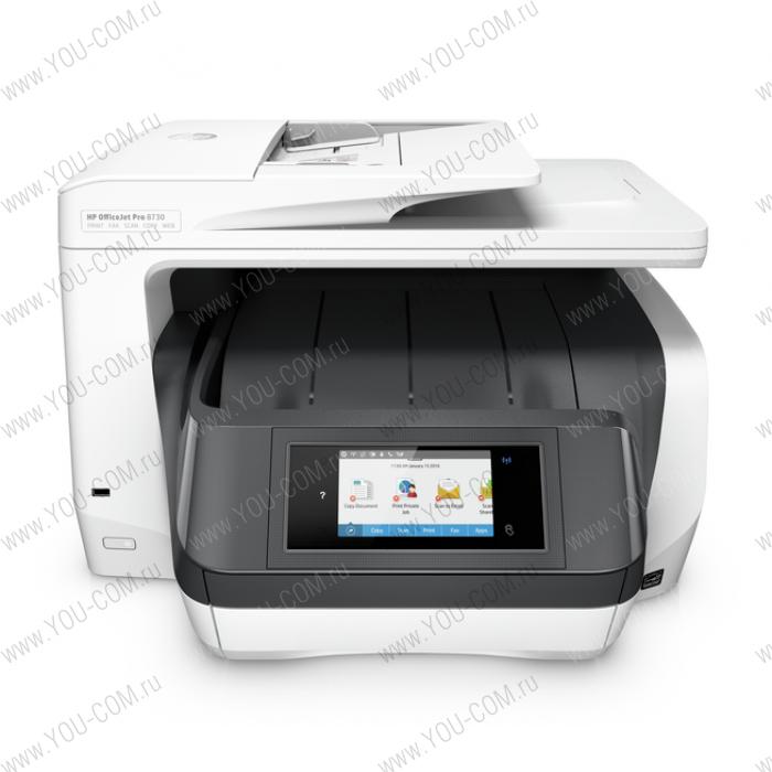 Струйное многофункциональное устройство HP OfficeJet Pro 8730 All-in-One Printer (p/c/s/f, A4, CIS,1200x600 dpi, 24(20) ppm 512Mb, Duplex,1 tray 250,WiFi/ Ethernet/USB 2.0/AirPrint/ePrint/, 1y warr, cart. 850&420 in box)