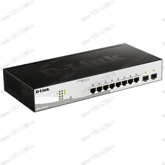 Коммутатор D-Link DGS-1210-10/FL1A, L2 Managed Switch with 8 10/100/1000Base-T ports and 2 1000Base-X SFP ports.8K Mac address, 802.3x Flow Control, 256 of 802.1Q VLAN, VID range 1-4094, 802.1p Priority Queues