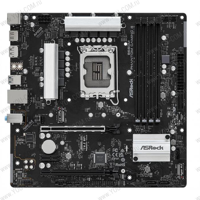 Материнская плата ASROCK B660M PHANTOM GAMING 4, LGA1700, B660, 4*DDR4, DP+HDMI, 4xSATA3 6.0 (RAID), M.2 Socket, 4xUSB 3.2, 2xUSB 2.0, mATX;