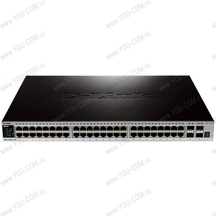 Коммутатор D-Link DGS-3620-52P/B1AEI, PROJ L3 Managed Switch with 48 10/100/1000Base-T ports and 4 10GBase-X SFP+ ports (48 PoE ports 802.3af/802.3at (30 W), PoE Budget 370W, PoE Budget with RPS DPS-700 740W).