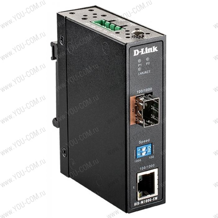 Промышленный медиаконвертер D-Link DIS-M100G-SW/A1A, DIN-Rail unmanaged industrial media converter with 1100/1000Base-T port and 11000Base-X SFP port.