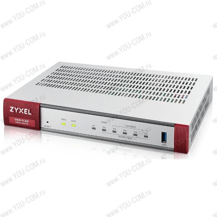 Межсетевой экран Zyxel USG FLEX 100, 2xWAN GE (1xRJ-45 и 1xSFP), 1xOPT GE (LAN/WAN), 3xLAN/DMZ GE, 1xUSB3.0, AP Controller (8/24), NebulaFlex !AS+CF временно не работают в РФ и РБ!