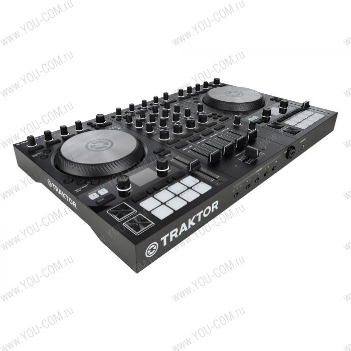 DJ контроллер [25221] Native Instruments [Traktor Kontrol S4 Mk3] 4-х канальный, для Traktor Pro, 2 цветных дисплея, 16 RGB пэдов, 24бит/96кГц, 2 стерео phono/line входа, 2 стерео line выхода, 2 mic входа, 2 стерео выхода, 2 выхода на наушники, USB-хаб