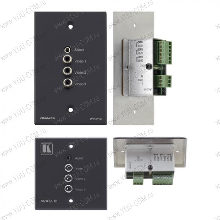 Настенная панель-переходник для YUV, CV, YC, RGB (разъемы RCA) и аудио (3,5-мм розетка) на клеммный блок; цвет белый